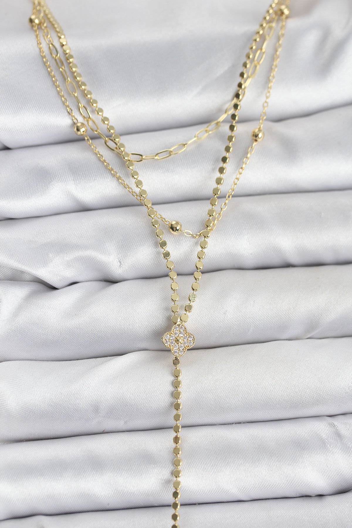 Pirinç Gold Renk Zirkon Taşlı Yonca Model Detaylı 3'lü Kombin Y Kadın Kolye