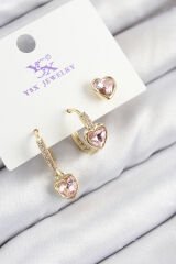 Pirinç Zirkon Taşlı 3'lü Pembe Kalp Model Gold Renk Kadın Küpe