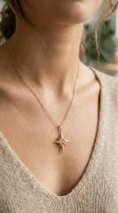 316L Çelik Gold Renk Zirkon Taşlı Kutup Yıldızı Model Kadın Kolye