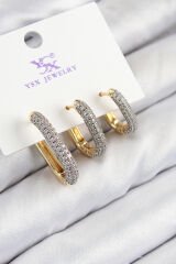 Pirinç Zirkon Taşlı 3'lü Oval Dikdörtgen Model Gold Ve Gümüş Renk Kadın Küpe