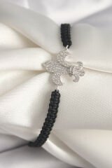 Pirinç Gümüş Renk Zirkon Taşlı Zambak Figür Asanrsörlü Makrome Model Kadın Bileklik