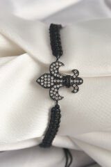 Pirinç Siyah Renk Zirkon Taşlı Zambak Figür Asansörlü Makrome Model Kadın Bileklik