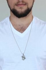 Krom Kaplama Kararmaz Gümüş Renk Metal Mikrofon ve El Tasarım Erkek Kolye