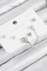 Pirinç Zirkon Taşlı Yonca Model Gümüş Renk 925 Ayar Gümüş Çivi Kadın Küpe Set