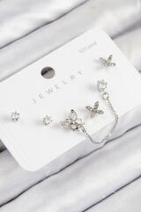 Pirinç Zirkon Taşlı Kelebek Model Gümüş Renk 925 Ayar Gümüş Çivi Kadın Küpe Set