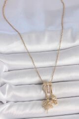 316L Çelik Gold Renk Zirkon Taşlı Sallantı Melek Figür Charm Kadın Kolye