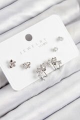 Pirinç Zirkon Taşlı Kelebek Model Gümüş Renk 925 Ayar Gümüş Çivi Kadın Küpe Set