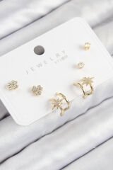 Pirinç Zirkon Taşlı Kutup Yıldızı Model Gold Renk 925 Ayar Gümüş Çivi Kadın Küpe Set