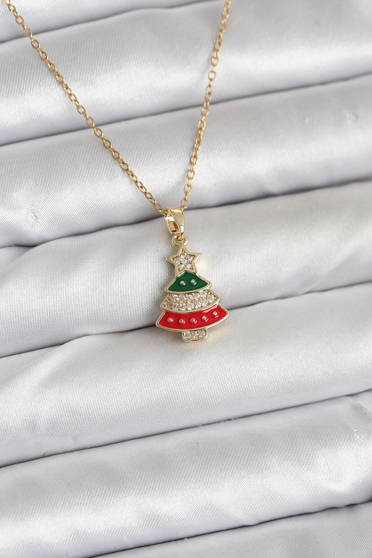 316L Çelik Zincir Gold Ren Çam Ağacı Model Zirkon Taşlı Yılbaşı Temalı Kadın Kolye