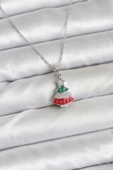 316L Çelik Zincir Gümüş Ren Çam Ağacı Model Zirkon Taşlı Yılbaşı Temalı Kadın Kolye