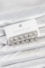 316L Çelik Zirkon Taşlı Gümüş Renk Halka Küpe Seti