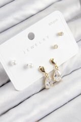 Pirinç Zirkon Taşlı Sallantılı Damla Model Gold Renk 925 Ayar Gümüş Çivi Kadın Küpe Set