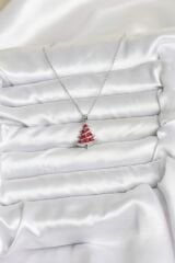 316L Çelik Zincir Gümüş Renk Kırmızı Çam Ağacı Model Yılbaşı Temalı Kadın Kolye