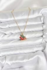 316L Çelik Zincir Gold Renk Kızak ve Çam Ağacı Figürlü Yılbaşı Temalı Kadın Kolye