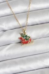 316L Çelik Zincir Gold Renk Kızak ve Çam Ağacı Figürlü Yılbaşı Temalı Kadın Kolye