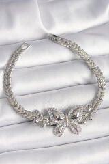 Pirinç Gümüş Renk Zirkon Taşlı Kelebek Model Kadın Bileklik