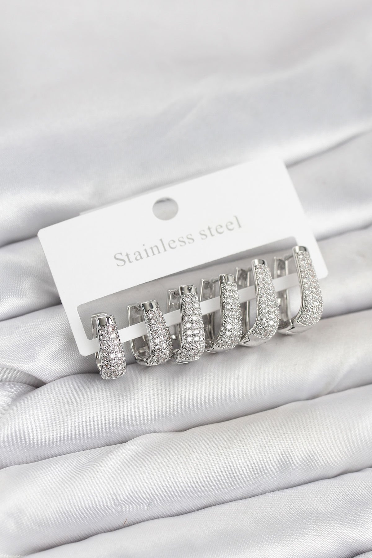 316L Çelik Gümüş Renk Zirkon Taşlı Damla Halka Küpe Seti