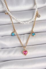 316L Çelik Gold Renk 2'Li İnci Zincir Model Pembe Taşlı Kalp Figür Nazar Boncuk Detay Kadın Kolye