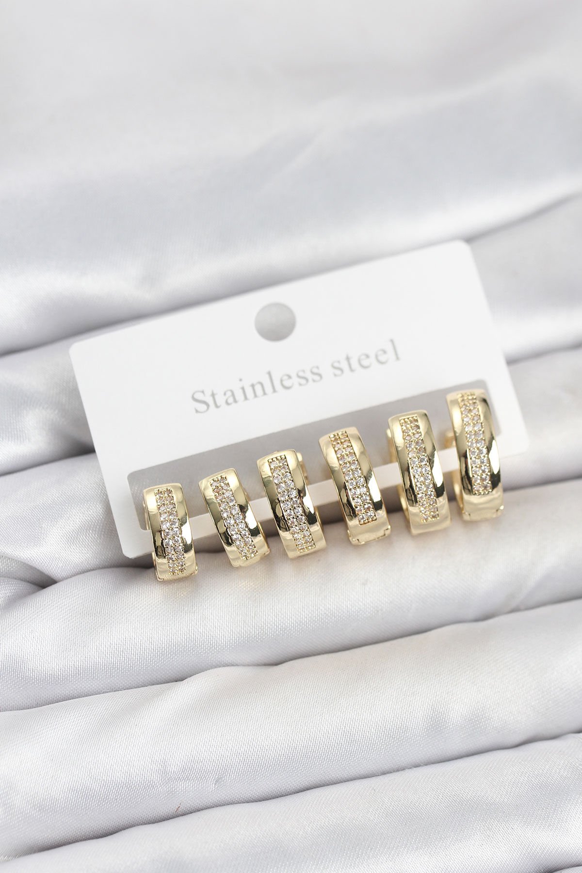 316L Çelik Gold Renk Zirkon Taşlı Halka Küpe Seti