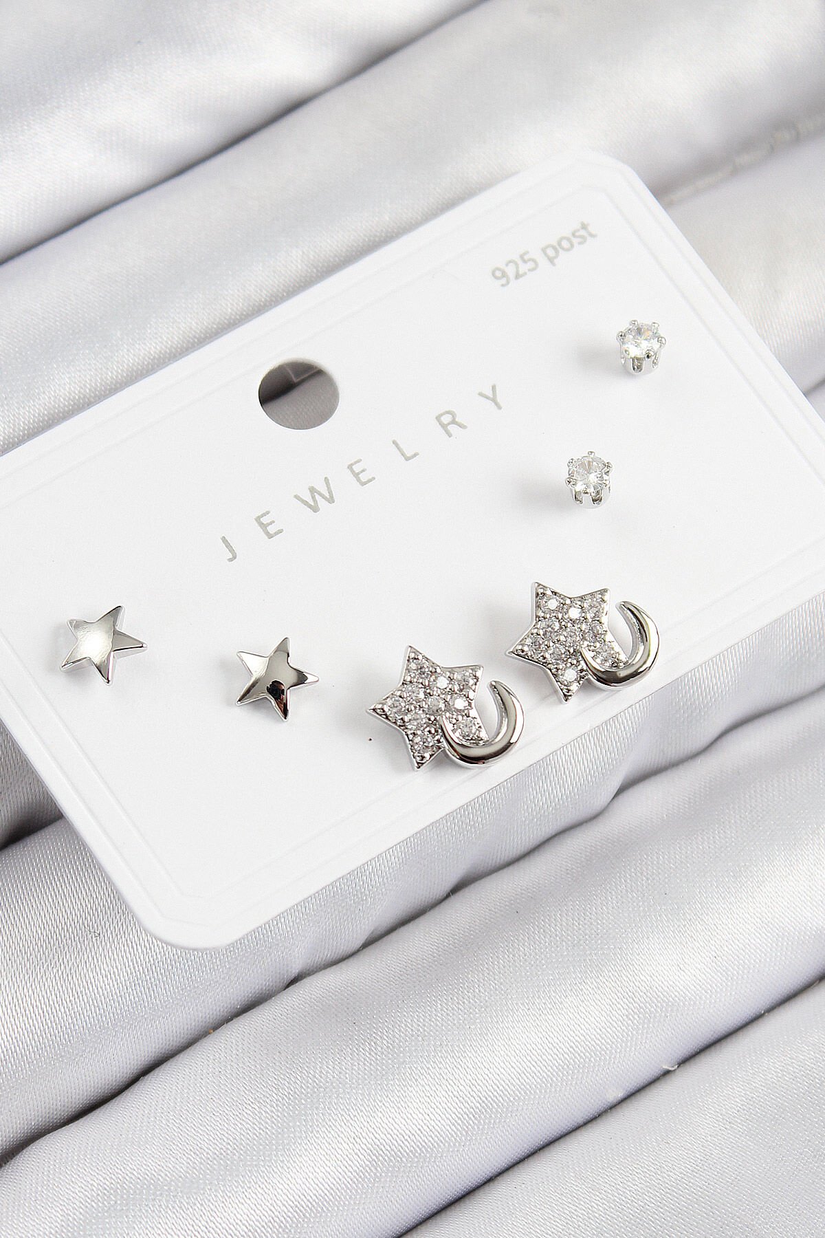 Pirinç Zirkon Taşlı Yıldız Model Gümüş Renk 925 Ayar Gümüş Çivi Kadın Küpe Set