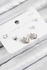 Pirinç Zirkon Taşlı Yıldız Model Gümüş Renk 925 Ayar Gümüş Çivi Kadın Küpe Set