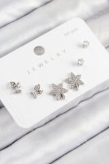 Pirinç Zirkon Taşlı Yıldız Ve Gül Model Gümüş Renk 925 Ayar Gümüş Çivi Kadın Küpe Set