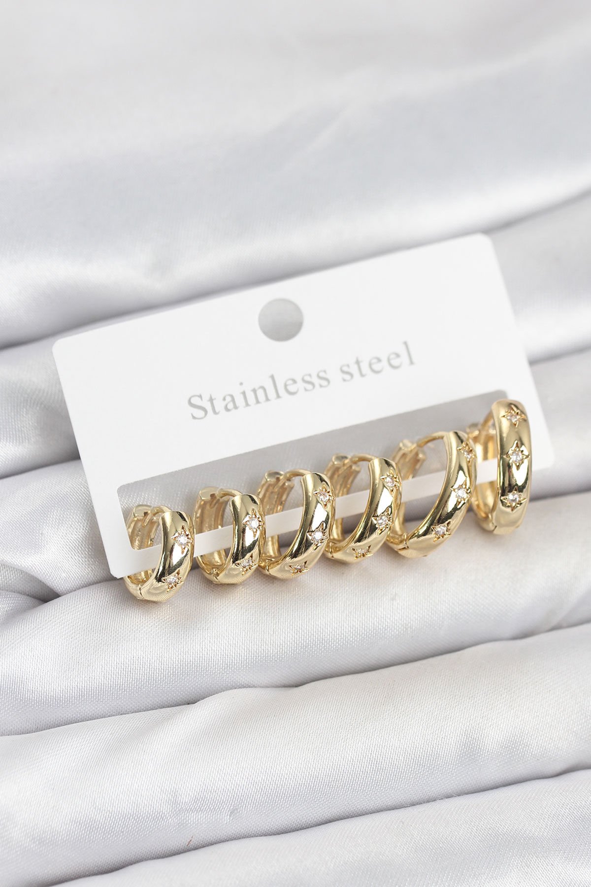 316L Çelik Gold Renk Zirkon Taşlı Kutup Yıldızı Model Halka Küpe Seti