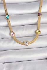 316L Çelik Gold Renk İtalyan Zincir Renkli Zirkon Taşlı Kalp Figür Kadın Kolye