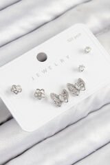 Pirinç Zirkon Taşlı Kelebek Model Gümüş Renk 925 Ayar Gümüş Çivi Kadın Küpe Set