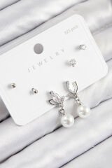 Pirinç Zirkon Taşlı İnci Sallantılı Damla Model Gümüş Renk 925 Ayar Gümüş Çivi Kadın Küpe Set