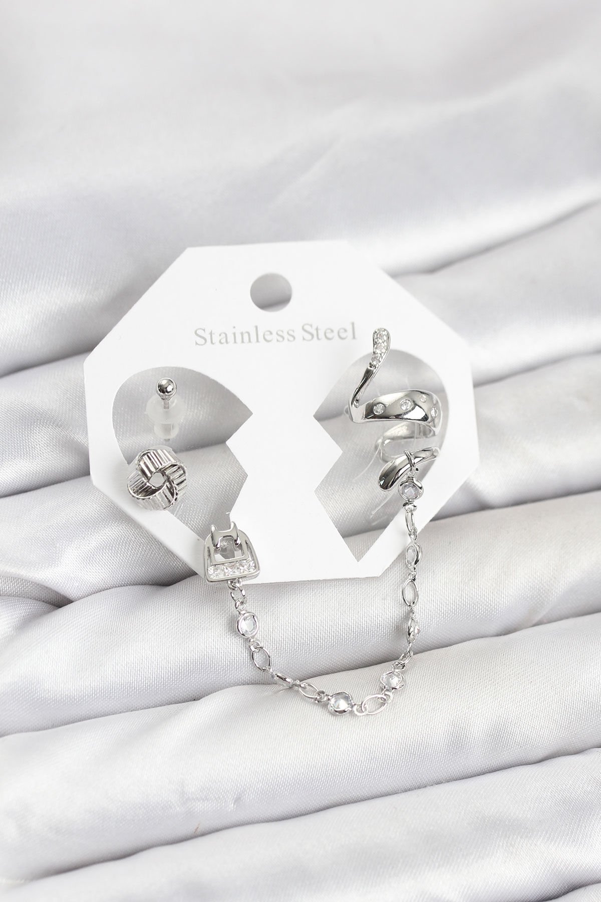 Pirinç Gümüş Renk Yılan Model Zincir Bağlantılı Ear Cuff Küpe Seti