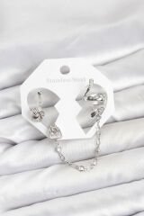 Pirinç Gümüş Renk Yılan Model Zincir Bağlantılı Ear Cuff Küpe Seti
