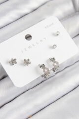 Pirinç Zirkon Taşlı Halka Model Gümüş Renk 925 Ayar Gümüş Çivi Kadın Küpe Set