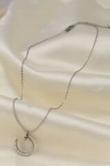 Çelik Silver Renk Zirkon Taşlı Çivi Model Kadın Kolye