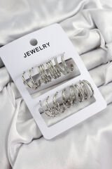 Pirinç Karışık Halka Model Gümüş Renk 6 Çift Kadın Küpe Set