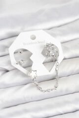 Pirinç Gümüş Renk Yıldız Model Zincir Bağlantılı Ear Cuff Küpe Seti