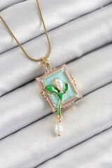 316L Çelik Zincir Turkuaz Sanatsal Portre Sallantılı İnci Detaylı Lale Model Gold Renk Kadın Kolye