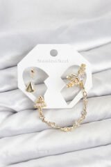 Pirinç Gold Renk Yıldızlı Model Zincir Bağlantılı Ear Cuff Küpe Seti