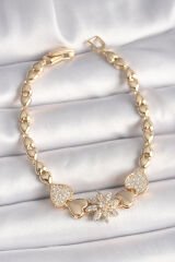 Pirinç Gold Renk Zirkon Taşlı Çiçek Figür Kalp Zincir Model Kadın Bileklik
