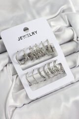 Pirinç Karışık Halka Model Gümüş Renk 6 Çift Kadın Küpe Set