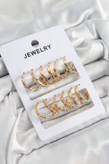 Pirinç Karışık Halka Model Gold Renk 6 Çift Kadın Küpe Set