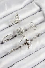 Pirinç Gül Kelebek Model Gümüş Renk Kadın Yüzük Kombin Set