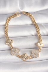 Pirinç Gold Renk Zirkon Taşlı Yonca Model Kadın Bileklik