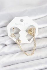 Uzay Model Pirinç Gold Renk Zincir Bağlantılı Ear Cuff Küpe Seti