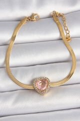 316L Çelik Gold Renk İtalyan Zincir Pembe Zirkon Taşlı Kalp Model Kadın Bileklik