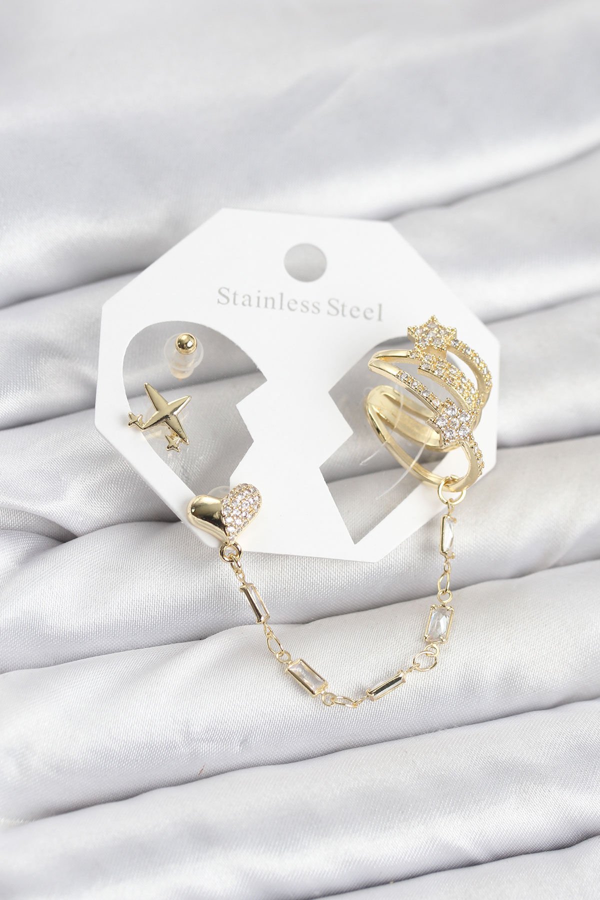 Kalp Yıldız Model Pirinç Gold Renk Zincir Bağlantılı Ear Cuff Küpe Seti