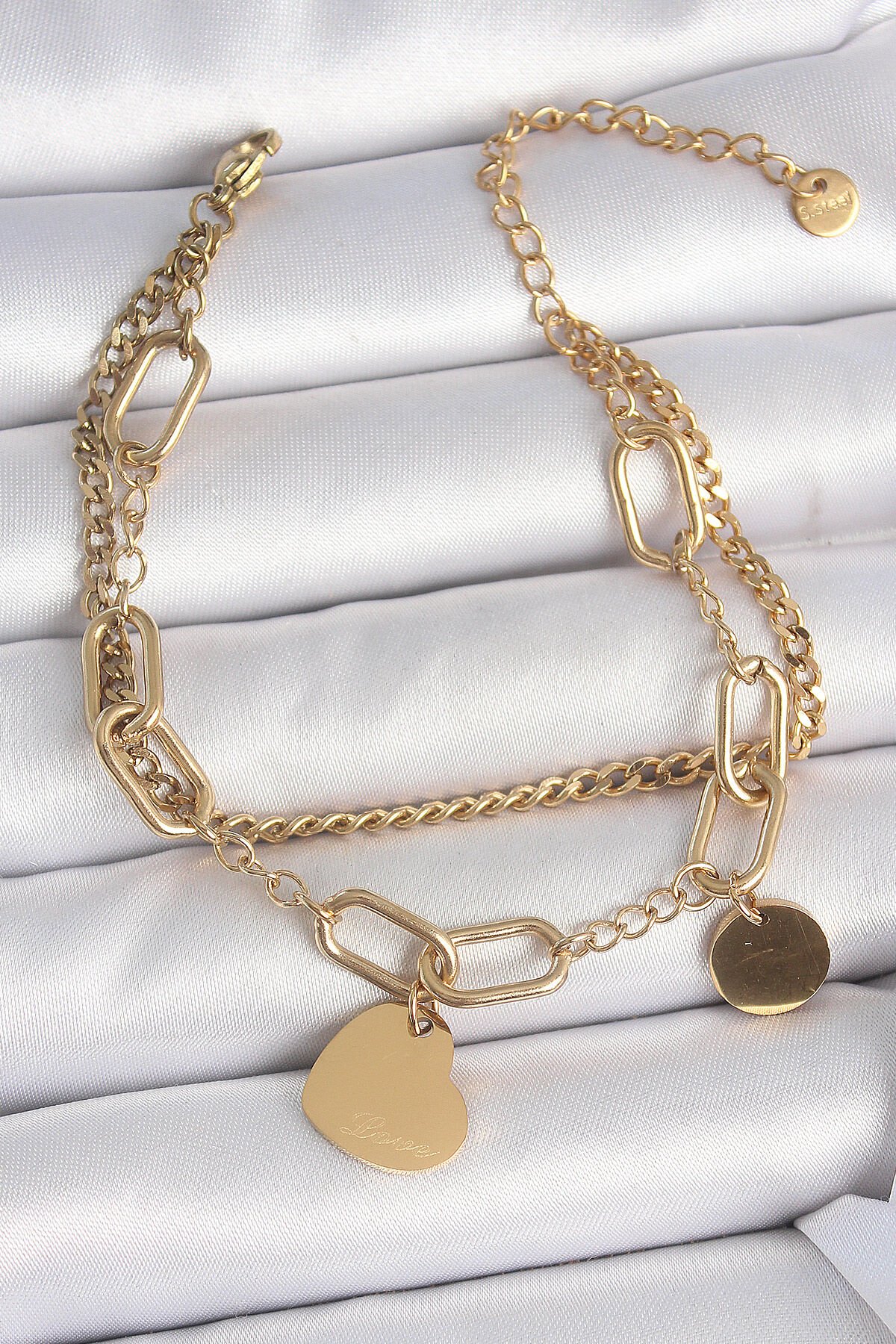 316L Çelik Gold Renk 2'Li Zincir Model Sallantı Kalp Figür Kadın Bileklik