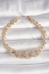 Pirinç Gold Renk Zirkon Taşlı Daire Zincir Model Kadın Bileklik