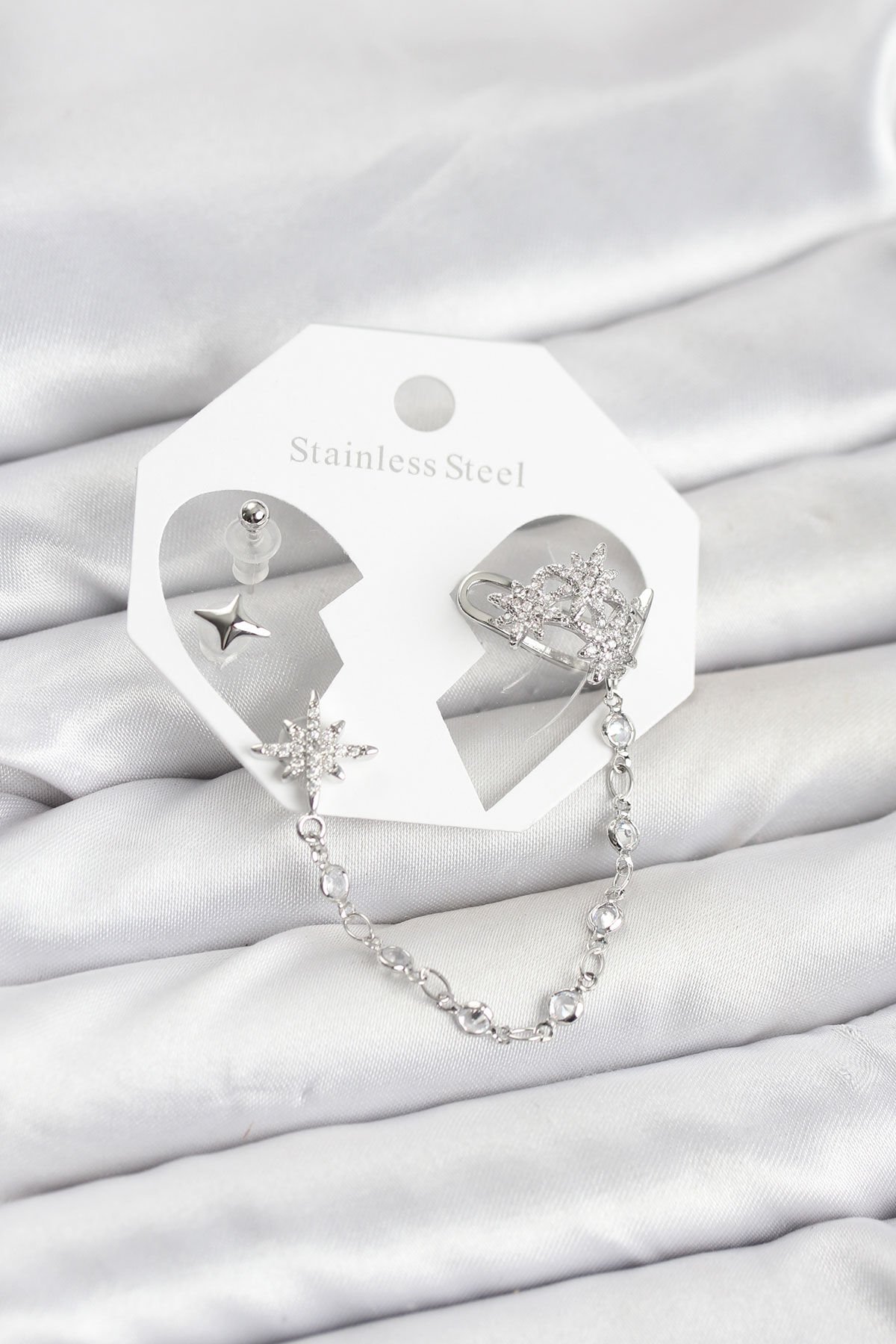 Kutup Yıldızı Model Pirinç Gümüş Renk Zincir Bağlantılı Ear Cuff Küpe Seti