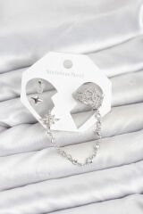 Kutup Yıldızı Model Pirinç Gümüş Renk Zincir Bağlantılı Ear Cuff Küpe Seti